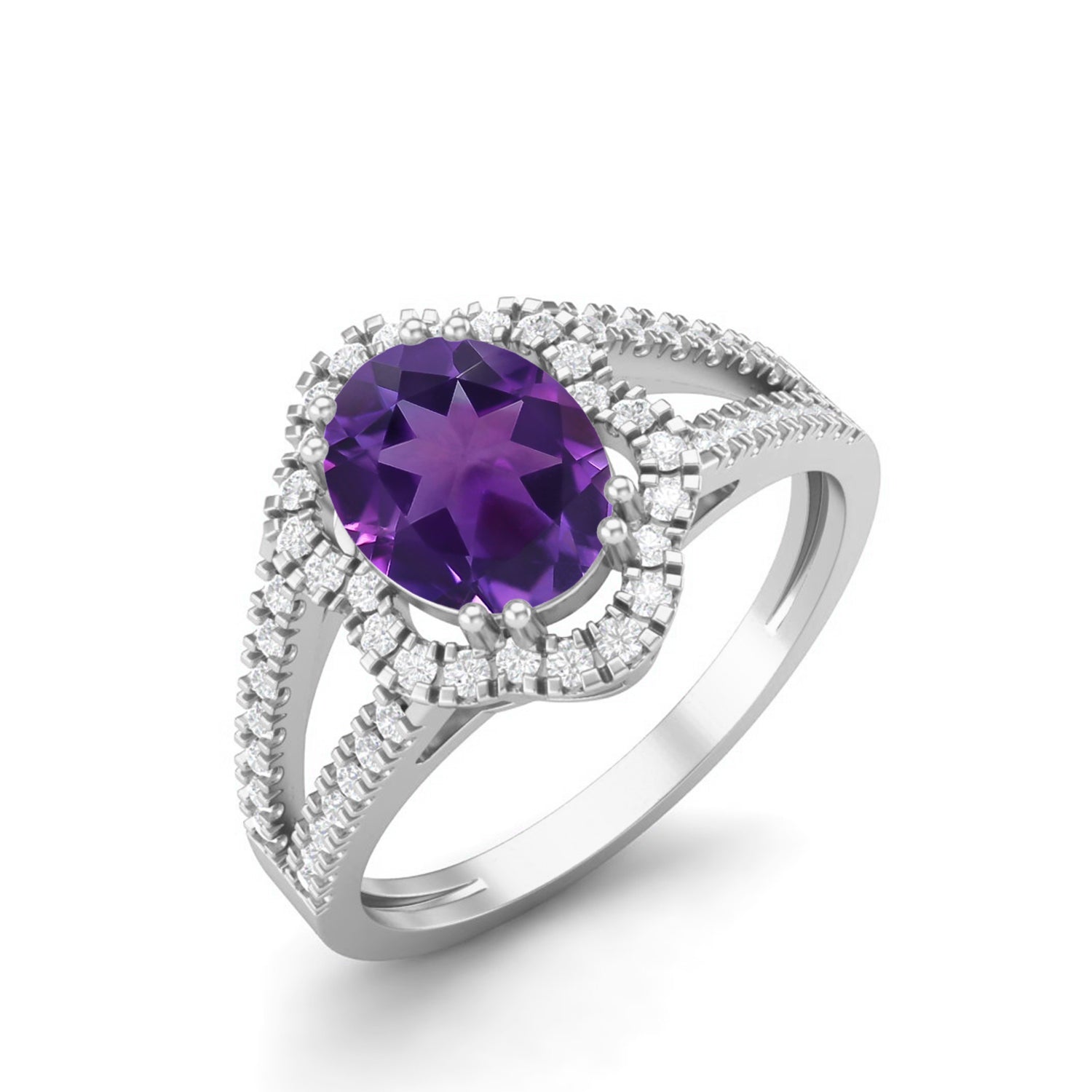 Amethyst Double Halo Split Shank Ring – Sterling Silver