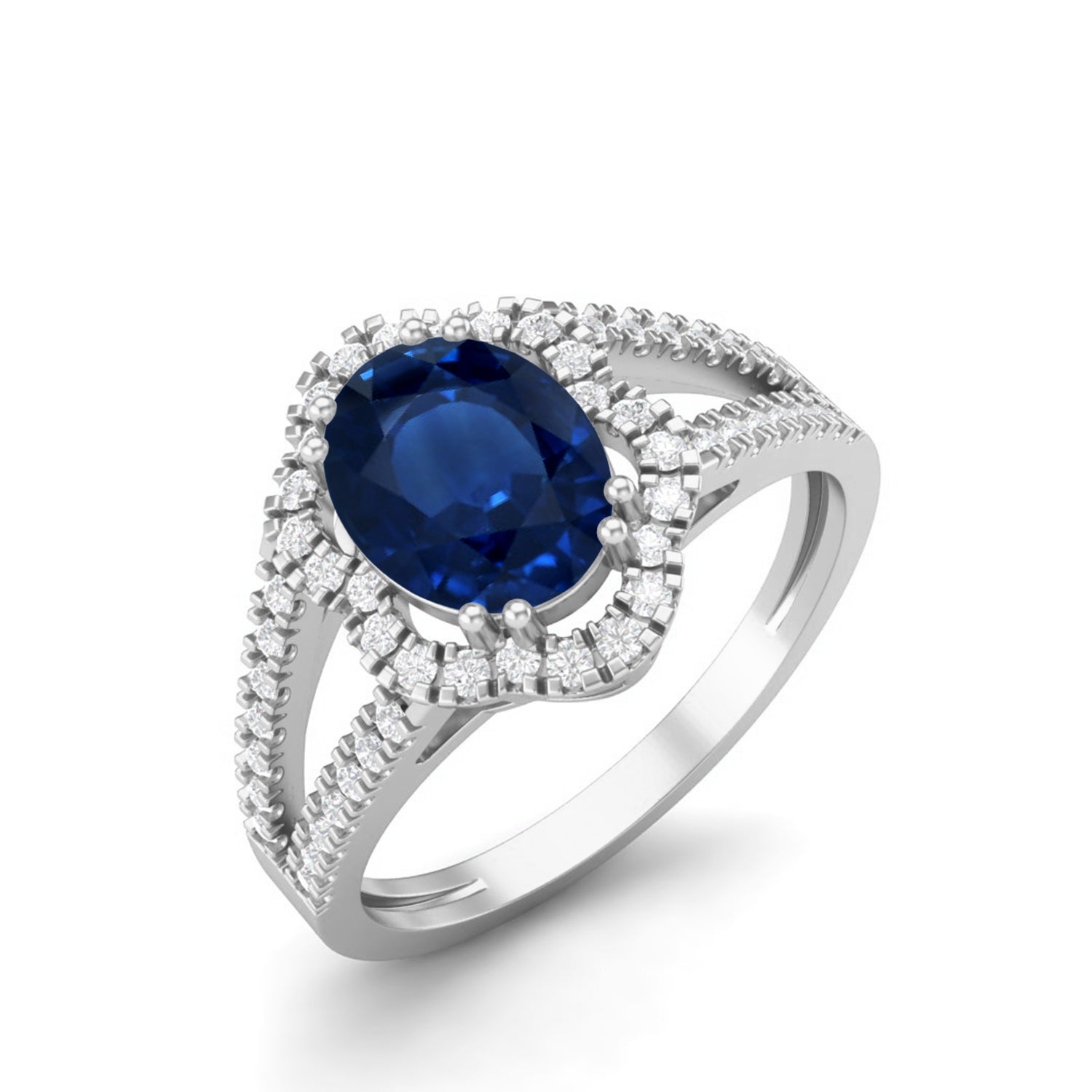 Blue Sapphire Split Shank Halo Ring - Sterling Silver