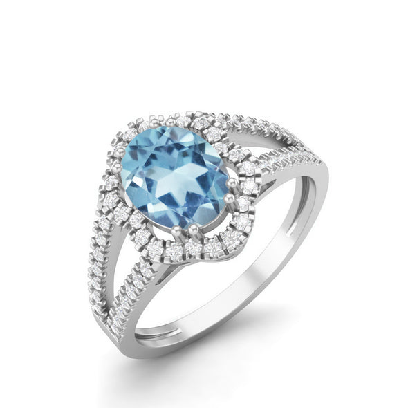 2.56 Cts Oval Shaped Blue Topaz Halo Engagement Ring For Her