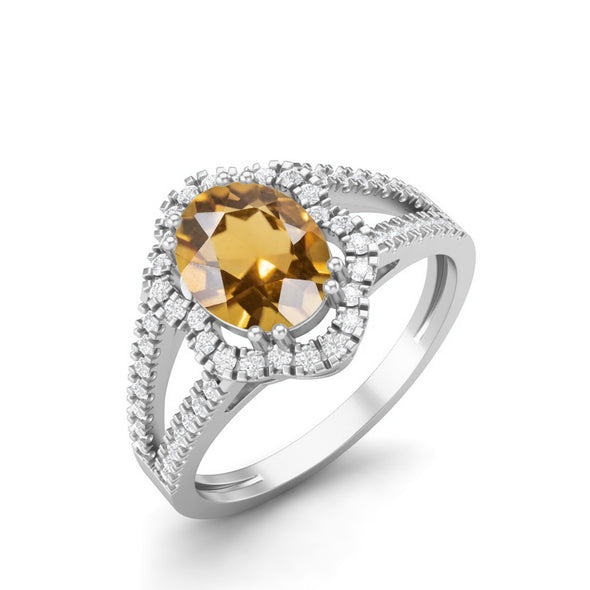Natural Citrine Wedding Ring 8x6mm Oval Shaped Halo Bridal Ring