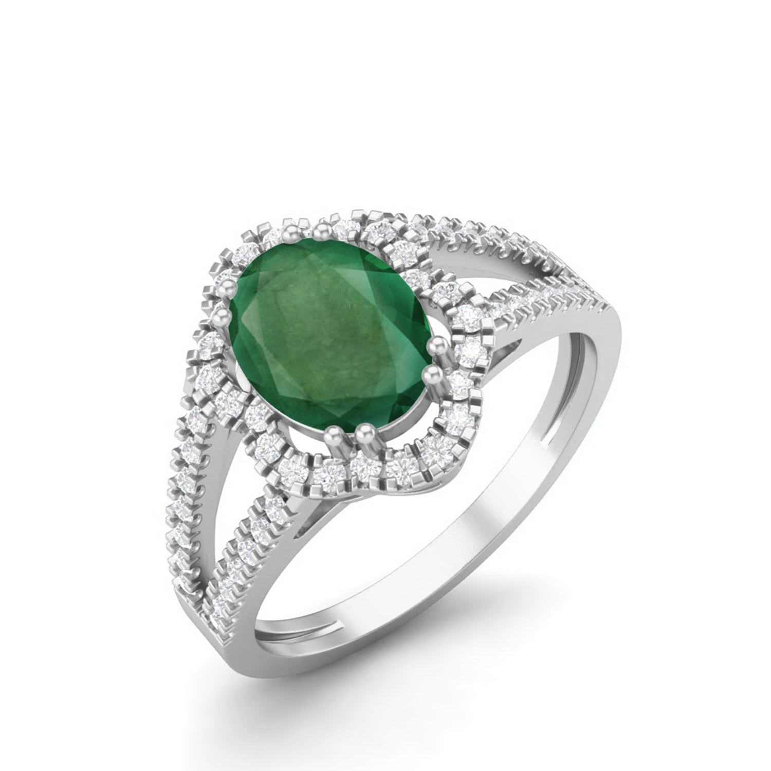 Emerald Halo Split Shank Ring – Sterling Silver