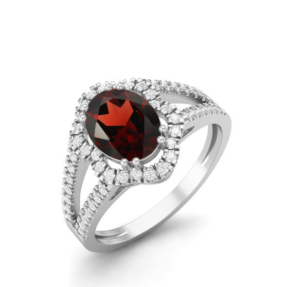 925 Sterling Silver Garnet Halo Bridal Ring Oval Shaped Accent Wedding Ring