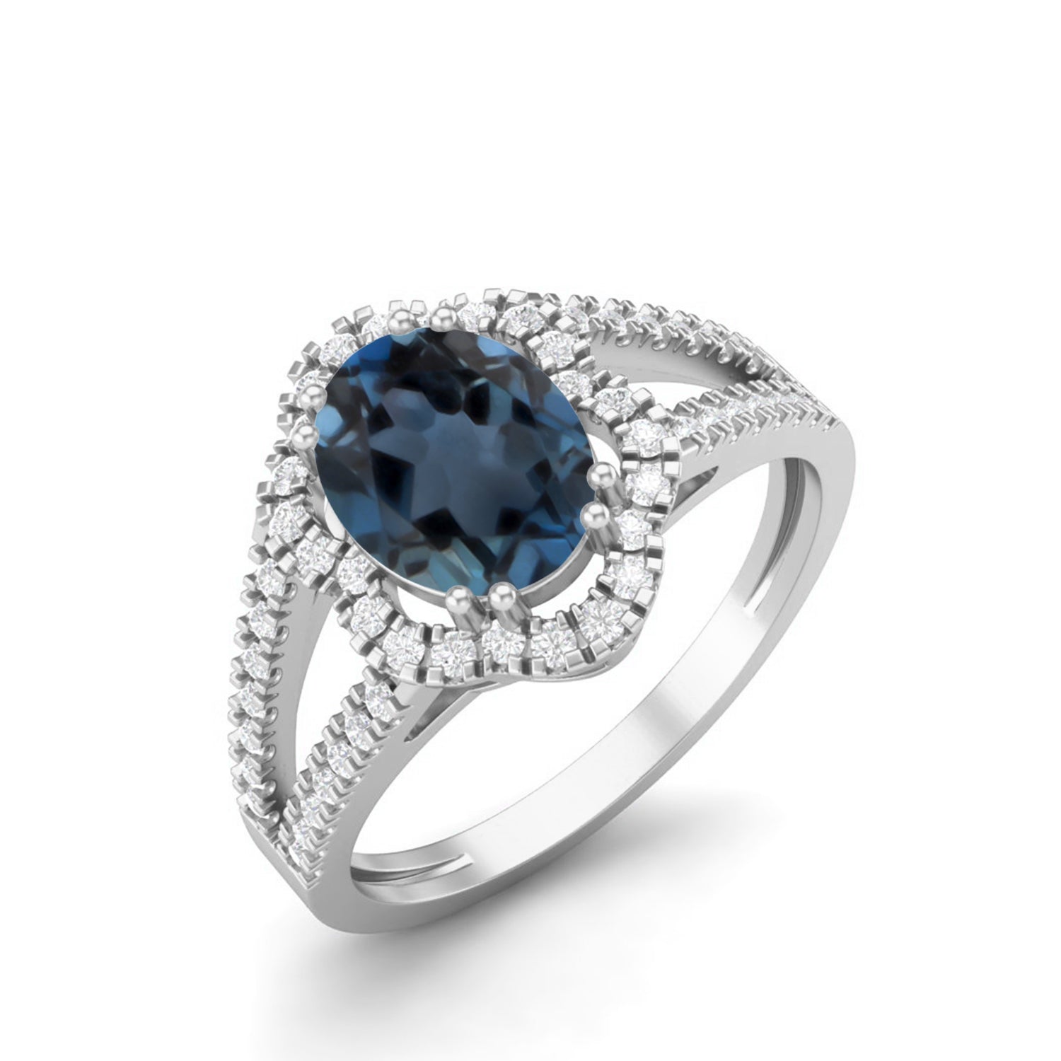 London Blue Topaz Double Halo Split Shank Ring – Sterling Silver