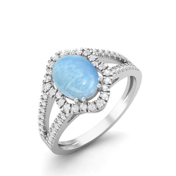 Natural Larimar Halo Bridal Ring 925 Sterling Silver Ring For Her