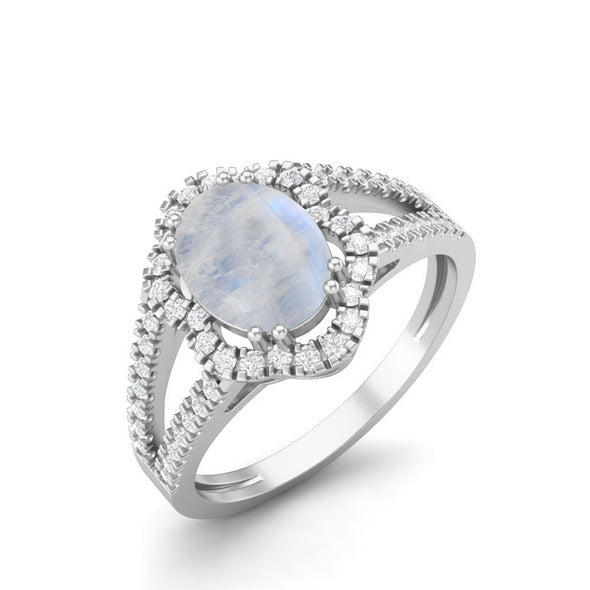 Art Deco Rainbow Moonstone Halo Bridal Ring 8x6mm Oval Shaped Ring