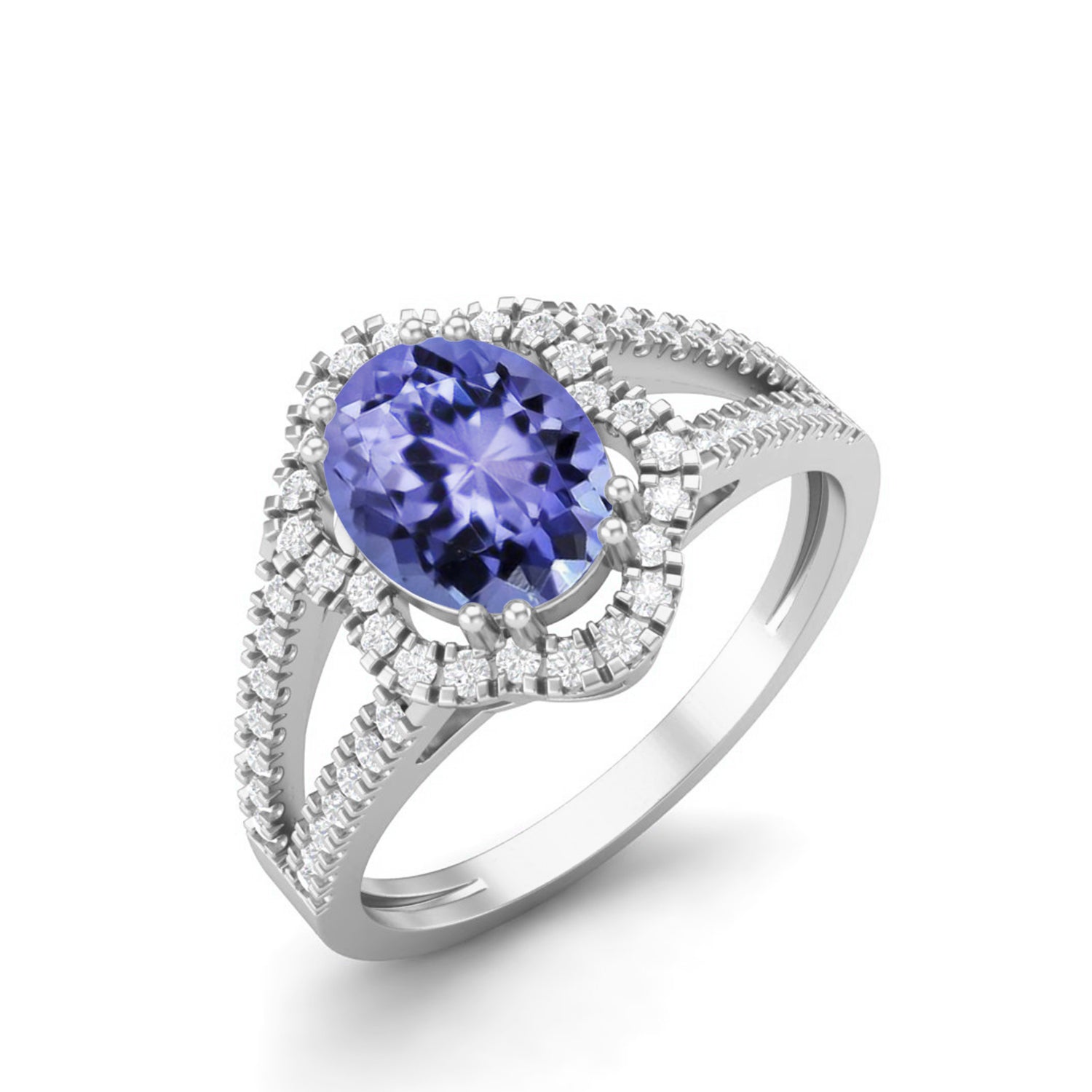 Tanzanite Split Shank Halo Ring - Sterling Silver