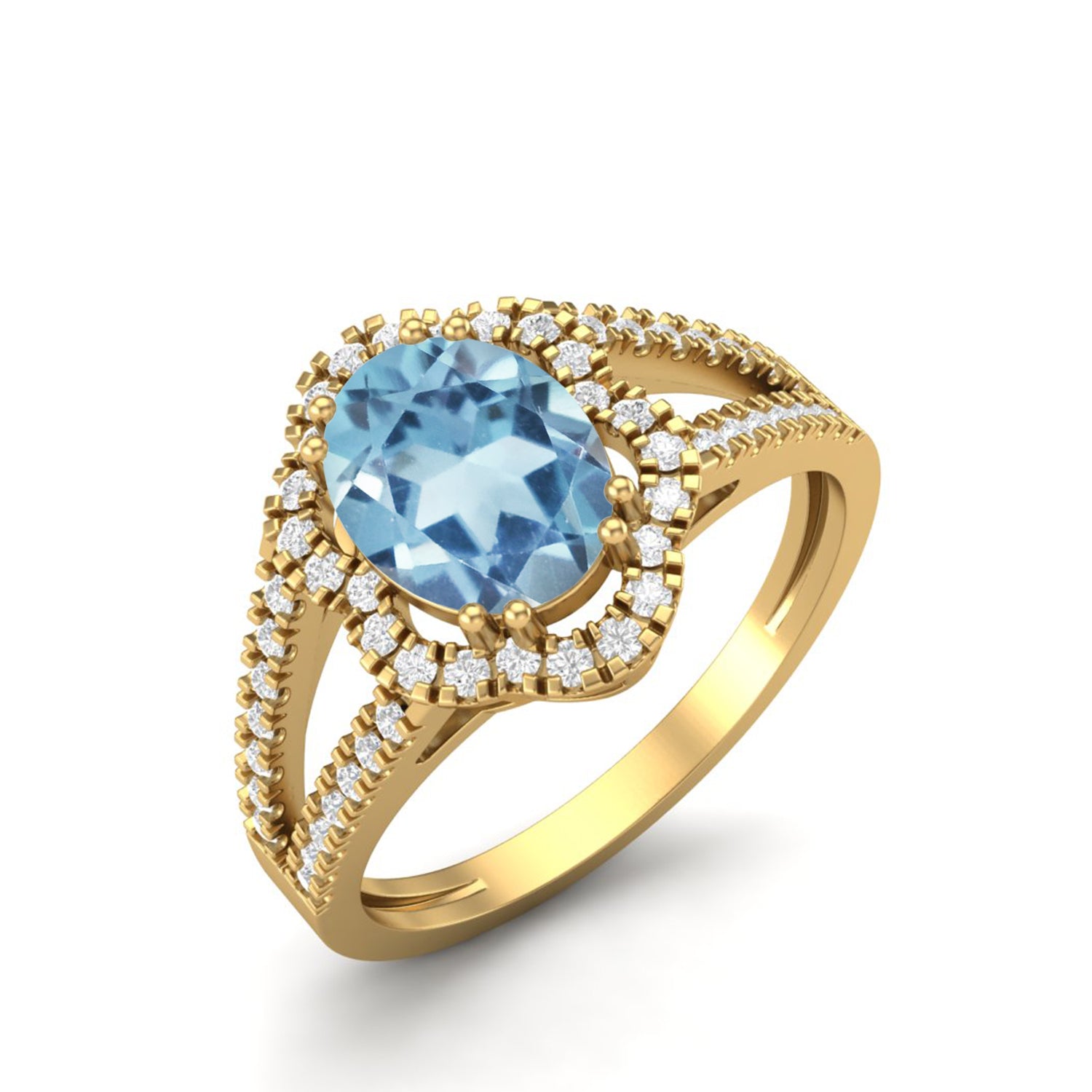 Blue Topaz Split Shank Halo Ring - Sterling Silver