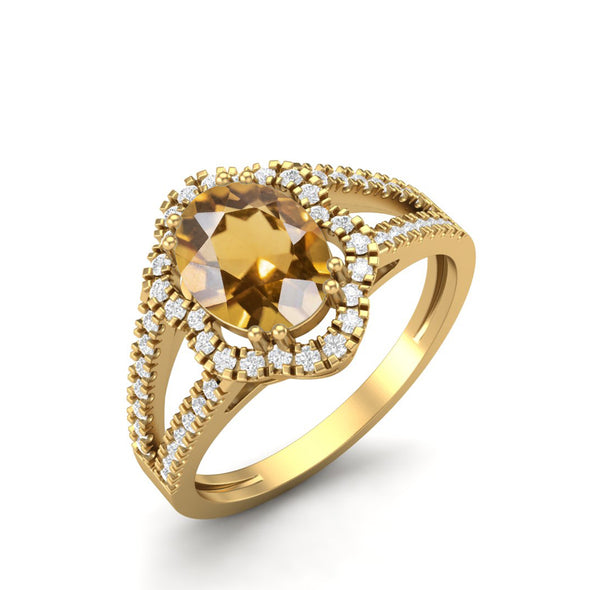 Natural Citrine Wedding Ring 8x6mm Oval Shaped Halo Bridal Ring