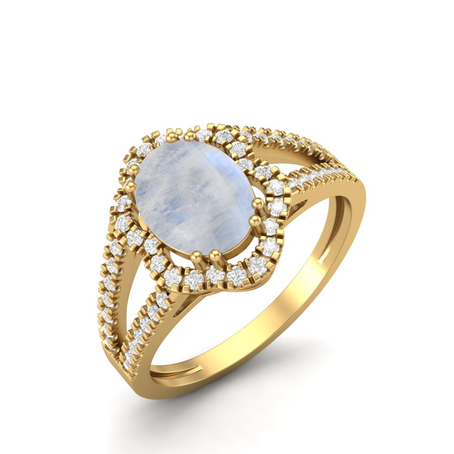 Moonstone Split Shank Halo Ring - Sterling Silver