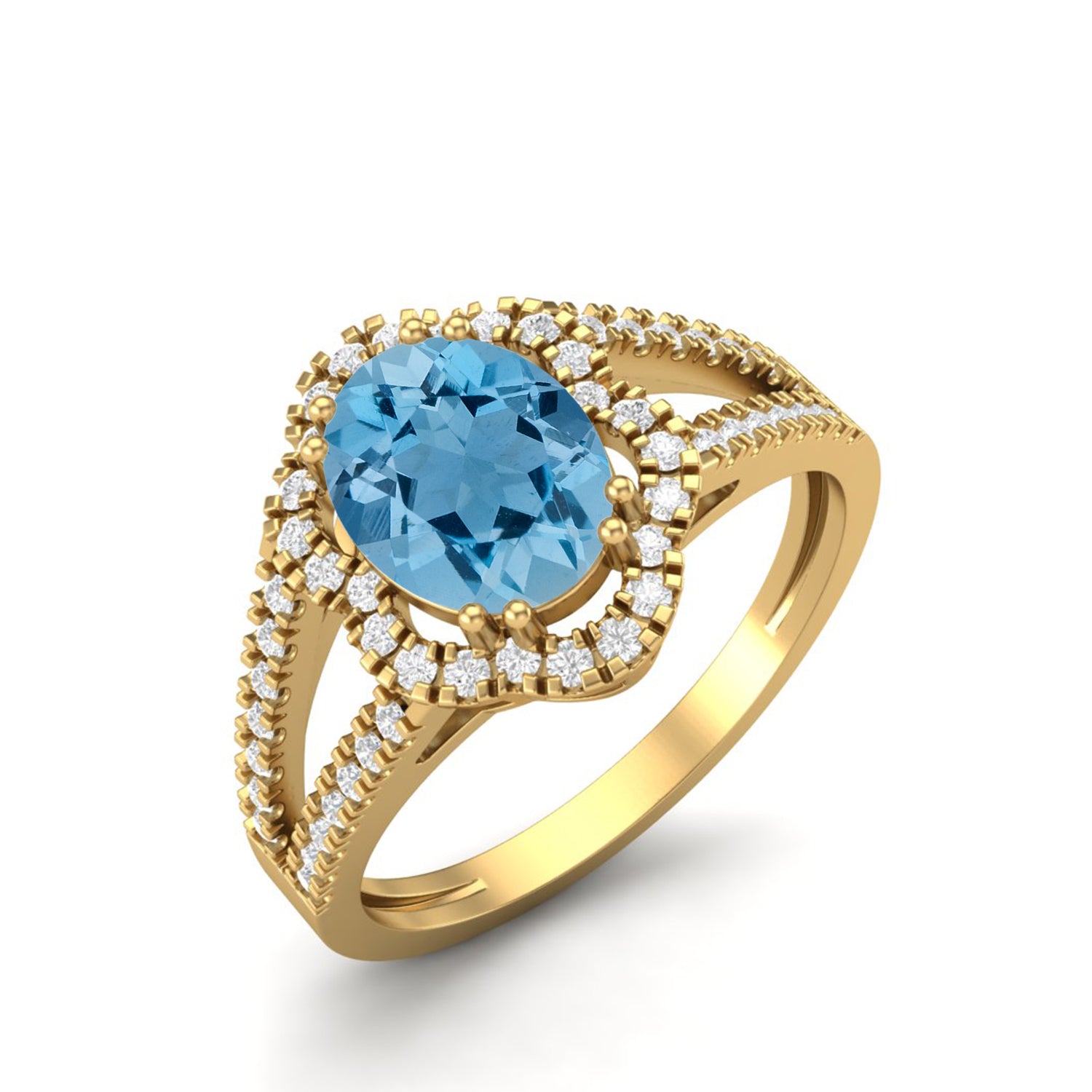Swiss Blue Topaz Split Shank Halo Ring - Sterling Silver