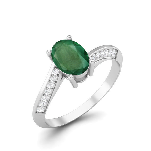 Oval Shaped Solitaire Accent Emerald 1.56 Ct Ring 925 Sterling Silver Bridal Ring