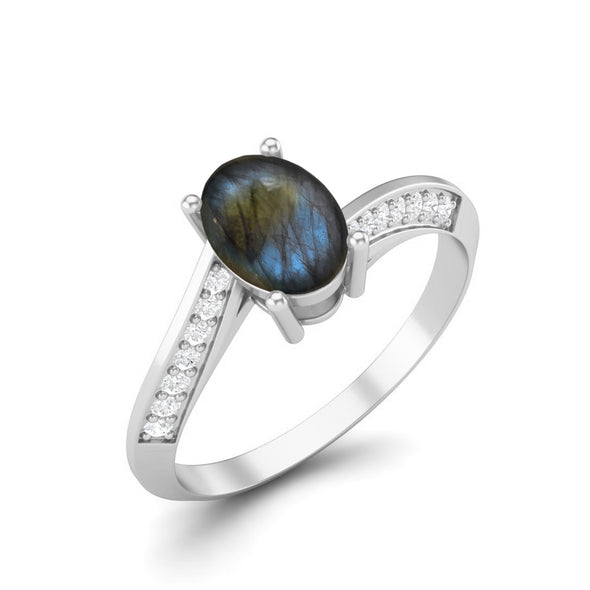 Natural Labradorite Engagement Ring 925 Sterling Silver Solitaire Accent Ring For Women