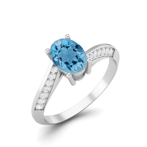Natural Sky Blue Topaz Solitaire Wedding Ring Oval Shaped Accent Stone Ring