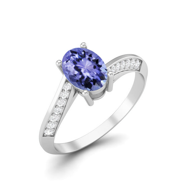 925 Sterling Silver Oval Shaped Tanzanite Ring For Women Solitaire Accent Ring