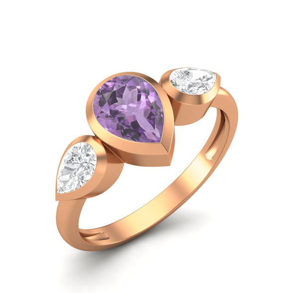 1.25 Cts Pear Amethyst 925 Sterling Silver 3- Stone Engagement Ring