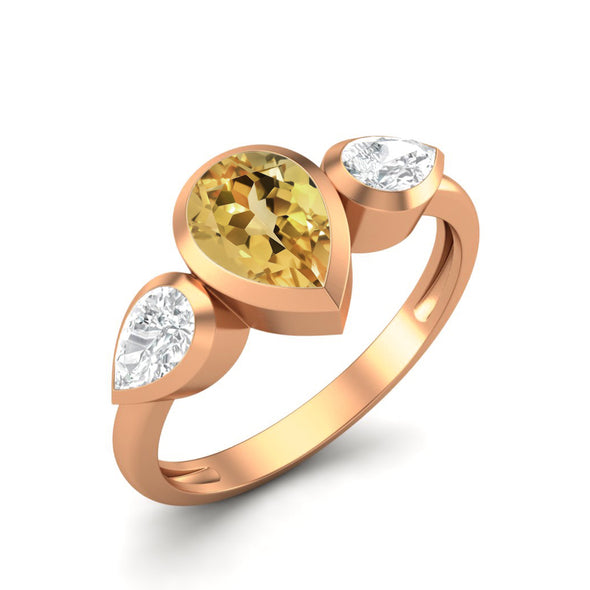 1.25 Cts Pear Shaped Citrine Ring 925 Sterling Silver 3 Gemstone Ring For Women