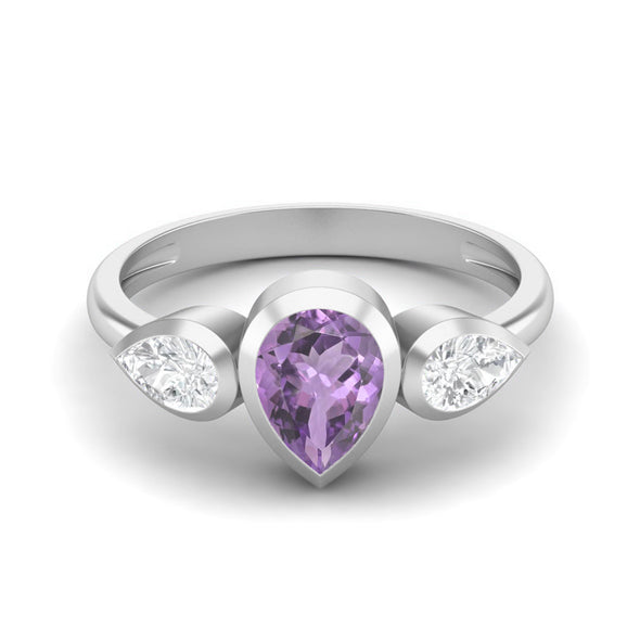 1.25 Cts Pear Amethyst 925 Sterling Silver 3- Stone Engagement Ring