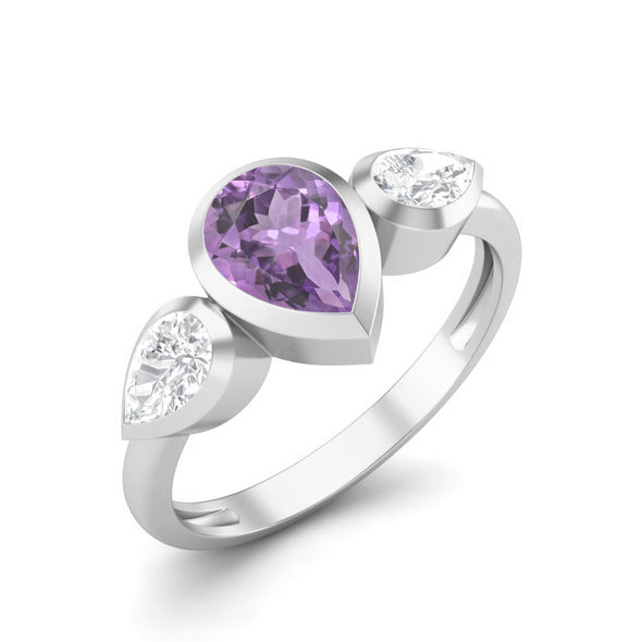 1.25 Cts Pear Amethyst 925 Sterling Silver 3- Stone Engagement Ring