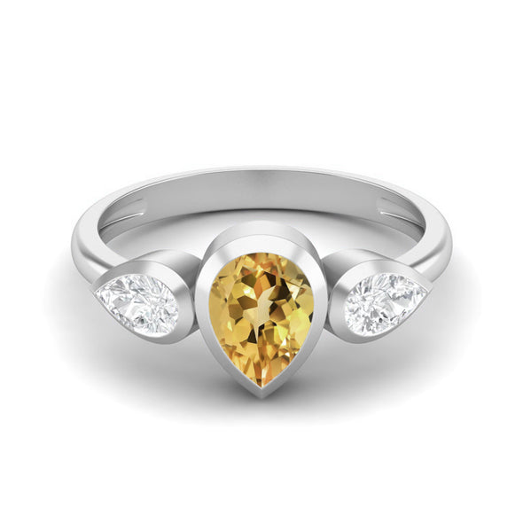 1.25 Cts Pear Shaped Citrine Ring 925 Sterling Silver 3 Gemstone Ring For Women