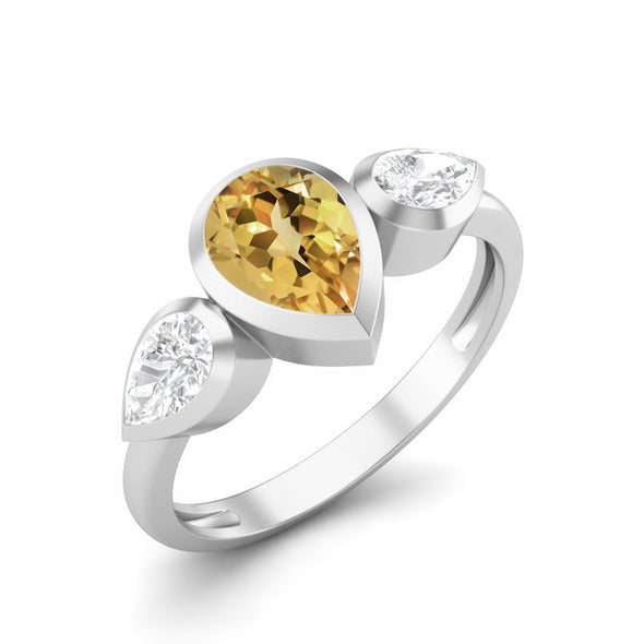 1.25 Cts Pear Shaped Citrine Ring 925 Sterling Silver 3 Gemstone Ring For Women