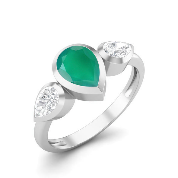 1.25 Cts Green Onyx 925 Sterling Silver Ring Three Gemstone Ring