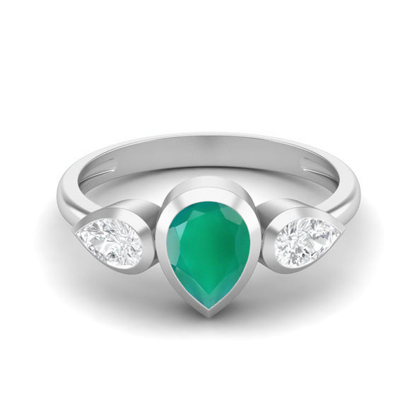 1.25 Cts Green Onyx 925 Sterling Silver Ring Three Gemstone Ring