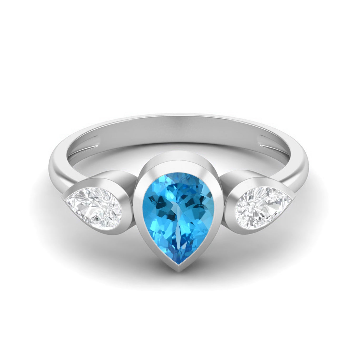 Swiss Blue Topaz Three Stone Modern Ring – Sterling Silver