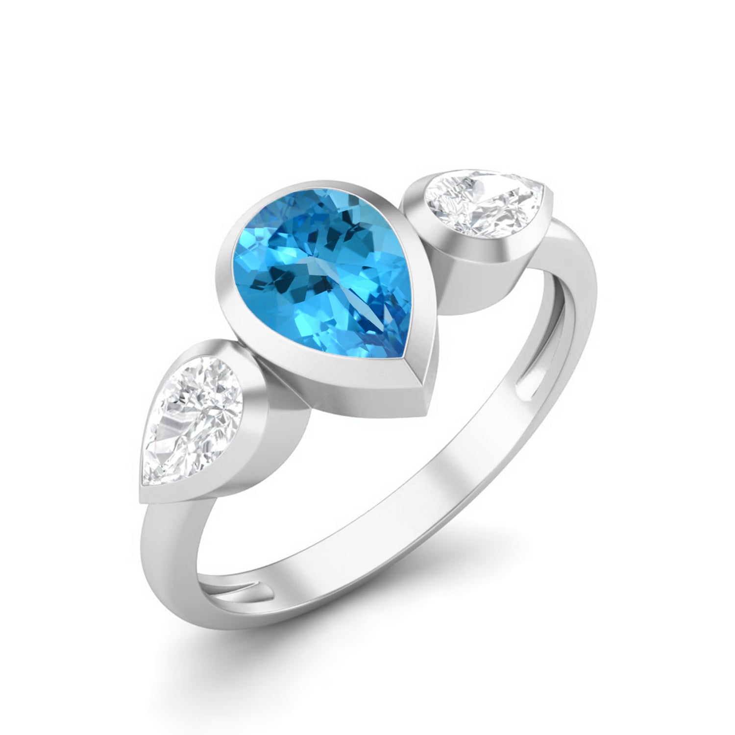 Swiss Blue Topaz Three Stone Modern Ring – Sterling Silver