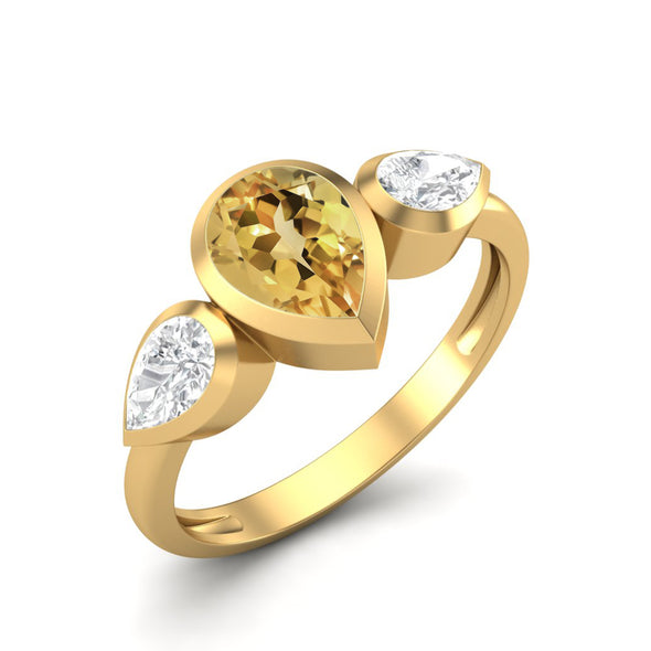 1.25 Cts Pear Shaped Citrine Ring 925 Sterling Silver 3 Gemstone Ring For Women