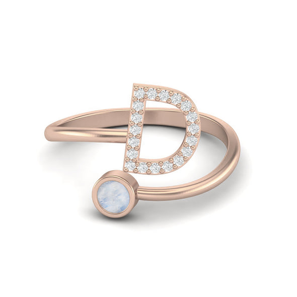 Capital D Initial Letter Moonstone Gemstone Ring Adjustable Front Open Ring Jewelry 925 Sterling Silver Ring