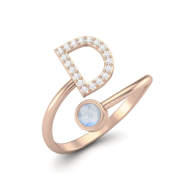 Capital D Initial Letter Moonstone Gemstone Ring Adjustable Front Open Ring Jewelry 925 Sterling Silver Ring