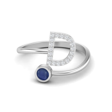 Capital D Initial Letter Natural Blue Sapphire Gemstone Women Ring Adjustable Front Open Silver Ring