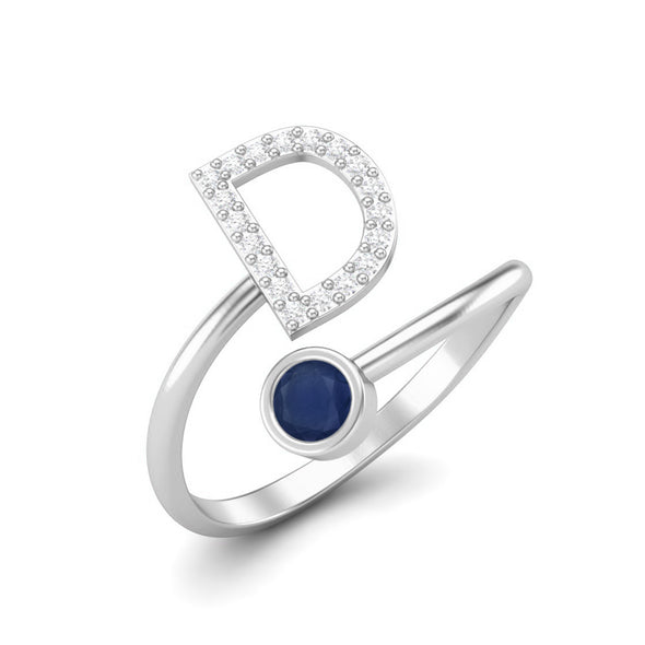 Capital D Initial Letter Natural Blue Sapphire Gemstone Women Ring Adjustable Front Open Silver Ring