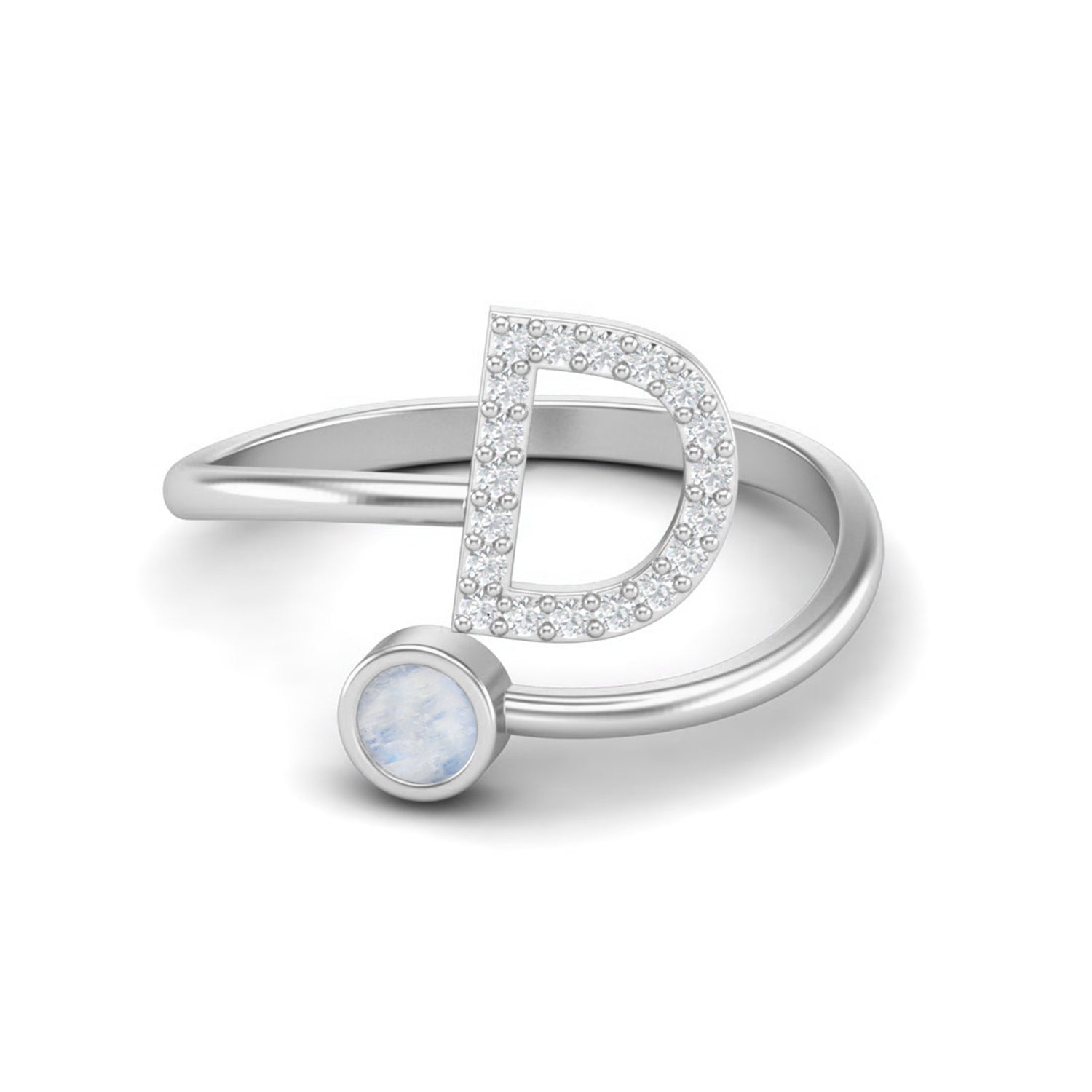 Capital D Initial Letter Moonstone Gemstone Ring Adjustable Front Open Ring Jewelry 925 Sterling Silver Ring