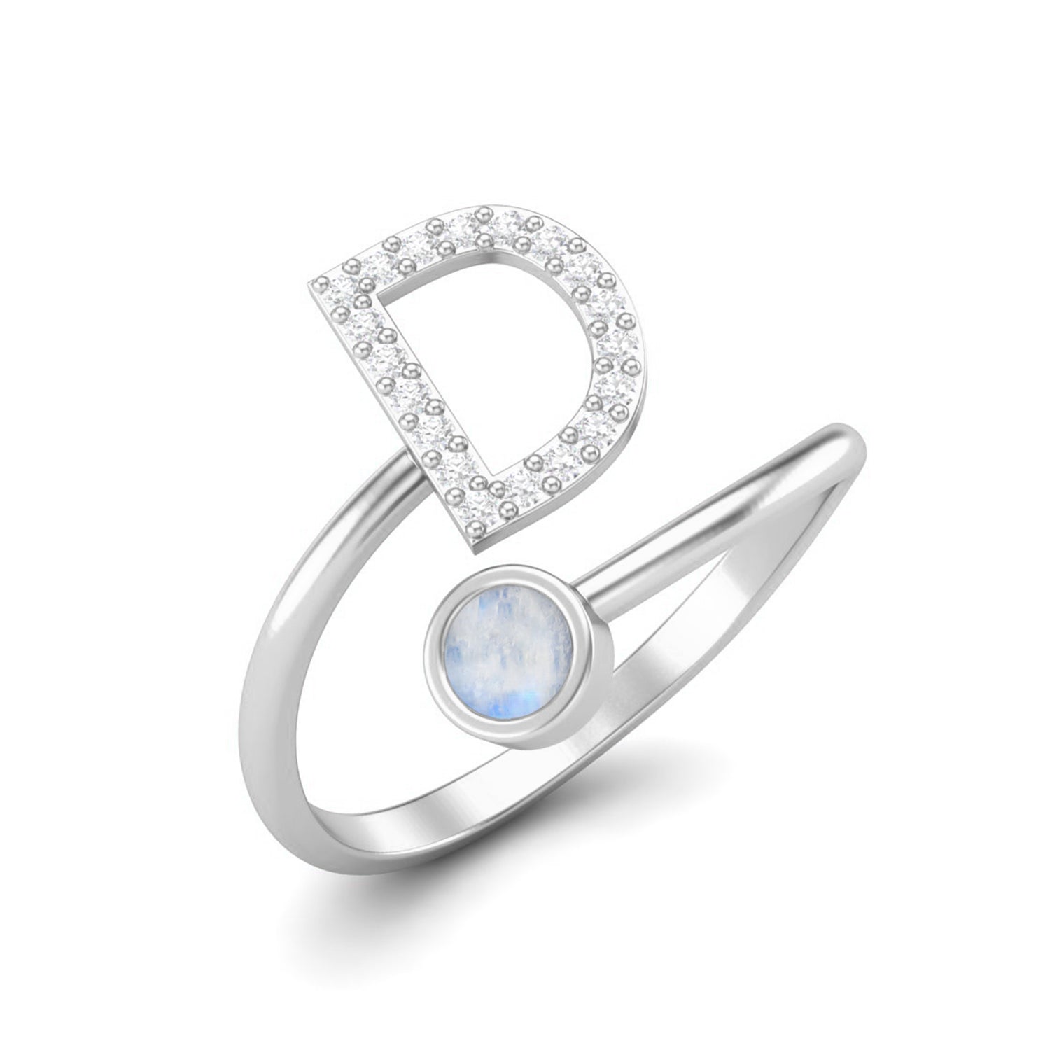 Capital D Initial Letter Moonstone Gemstone Ring Adjustable Front Open Ring Jewelry 925 Sterling Silver Ring