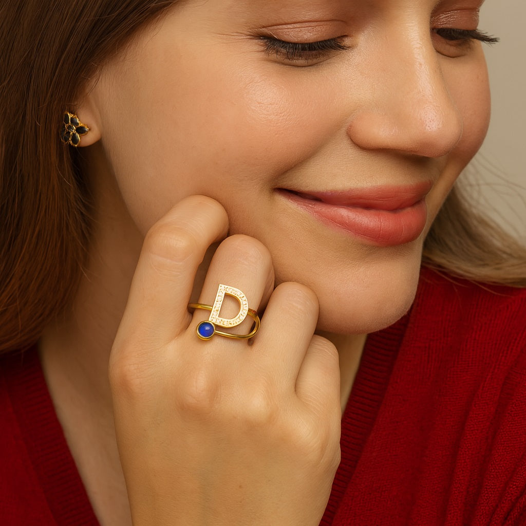 Blue Sapphire Round “D” Initial Open Band Ring - 14K Yellow Gold