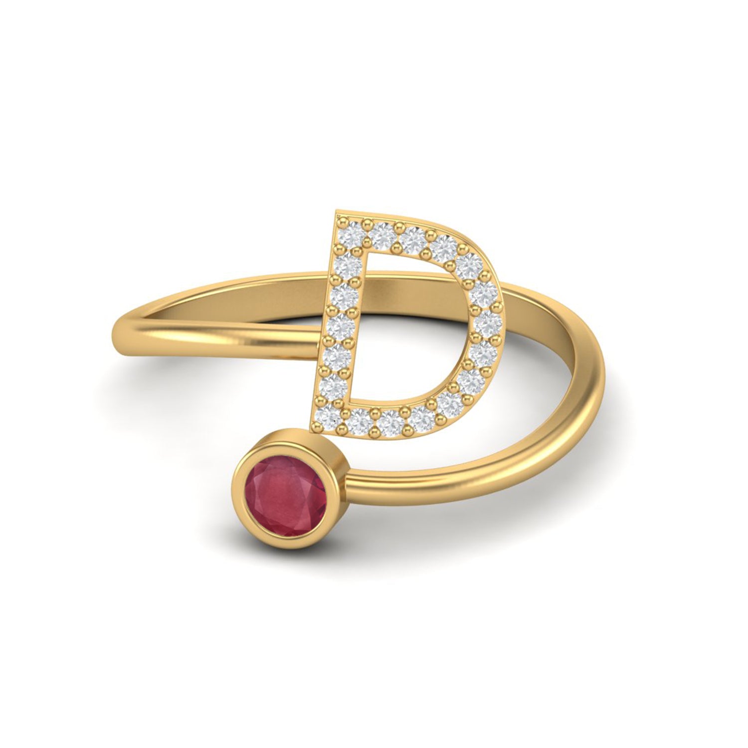 Ruby 0.10 Ct Round nitial "D" Ring – 14k Yellow Gold