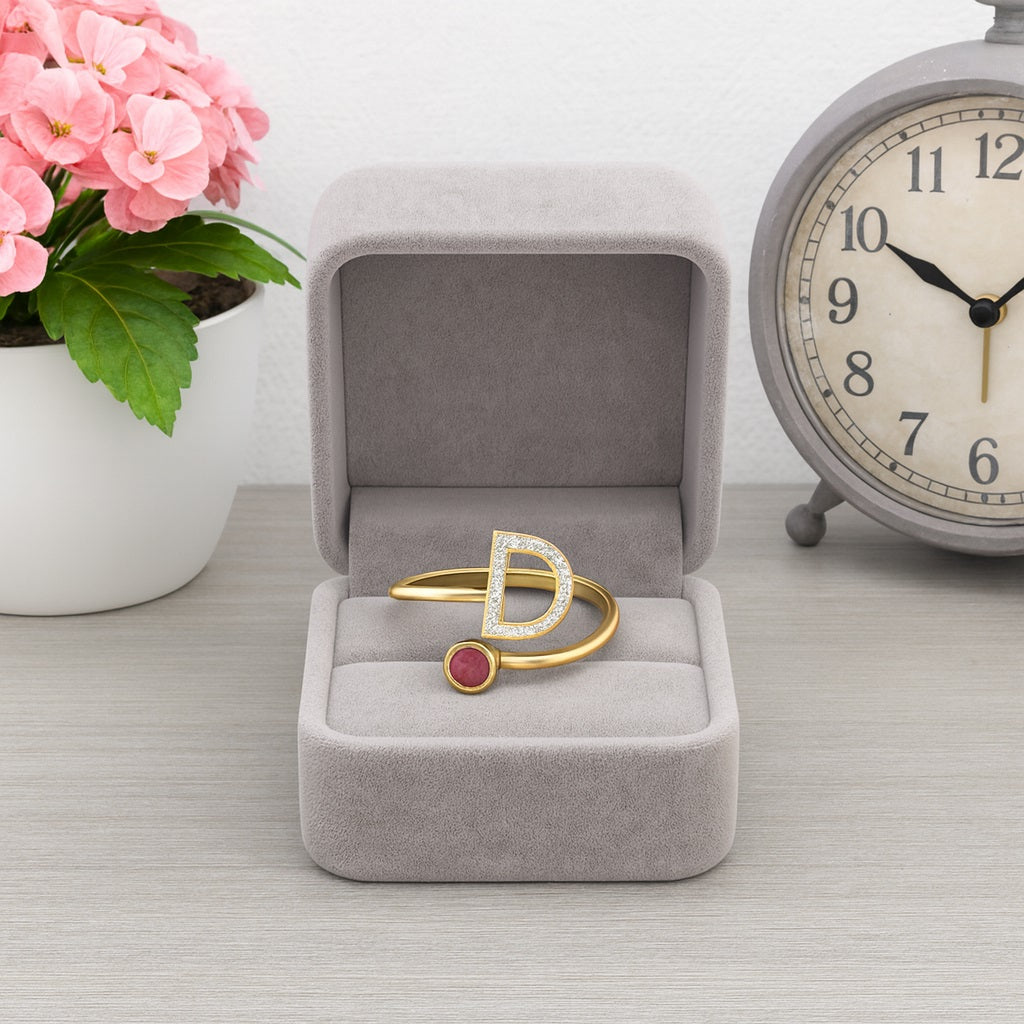 Ruby 0.10 Ct Round nitial "D" Ring – 14k Yellow Gold