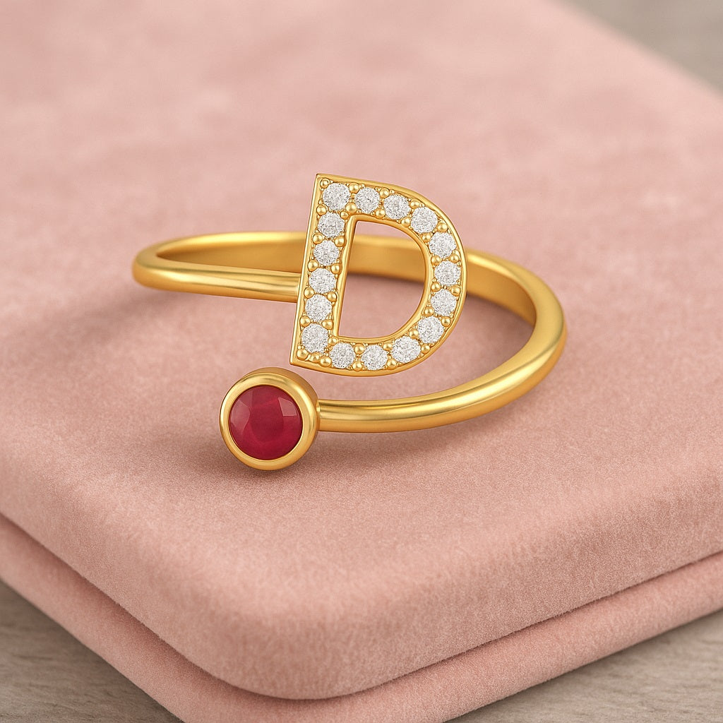 Ruby 0.10 Ct Round nitial "D" Ring – 14k Yellow Gold