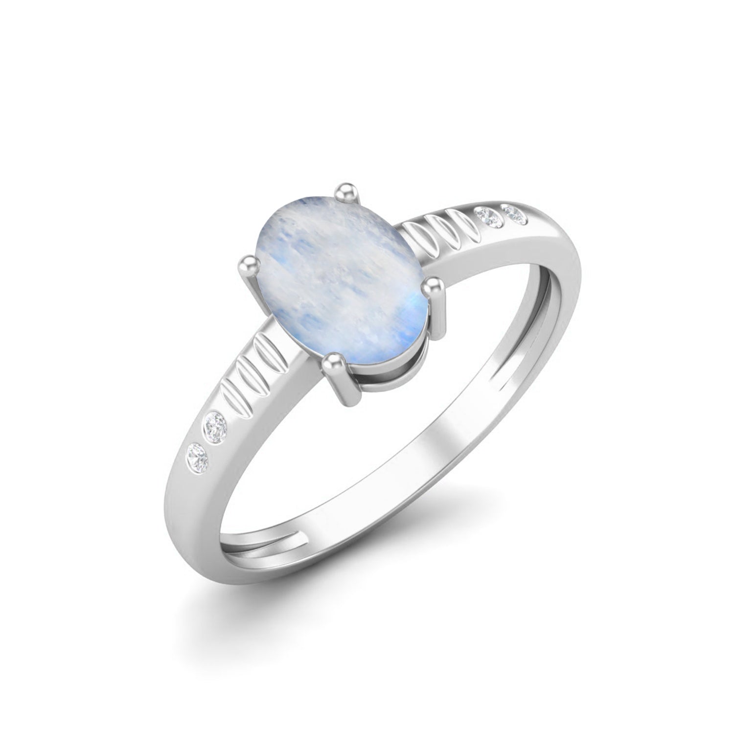 Moonstone with CZ Accents & Carved Band Ring - Sterling Silver