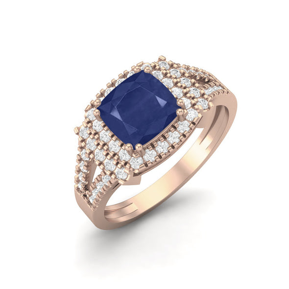 Cushion Shape Blue Sapphire Gemstone Split Shank Solitaire 925 Sterling Silver Halo Ring