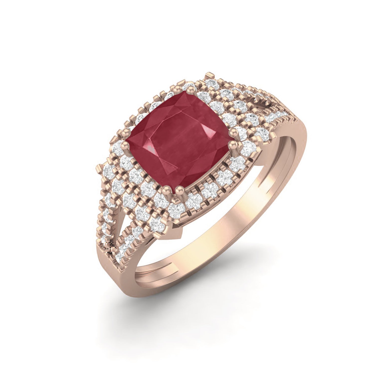 Ruby 1.30 Ct Cushion Double Halo Split Shank Ring – 14k Yellow Gold