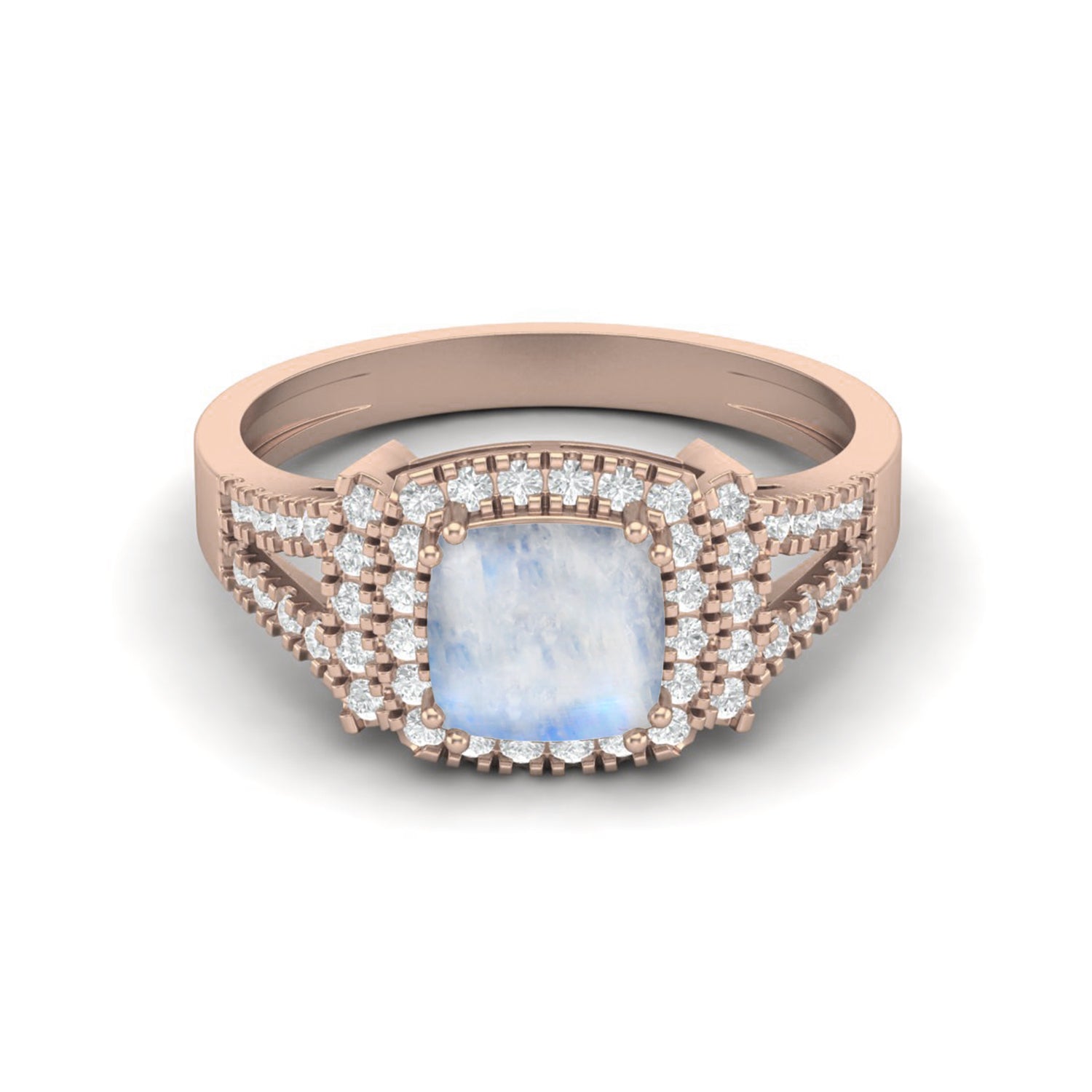 Moonstone Double Halo CZ Split Band Ring - Sterling Silver