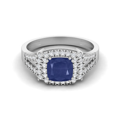 Cushion Shape Blue Sapphire Gemstone Split Shank Solitaire 925 Sterling Silver Halo Ring