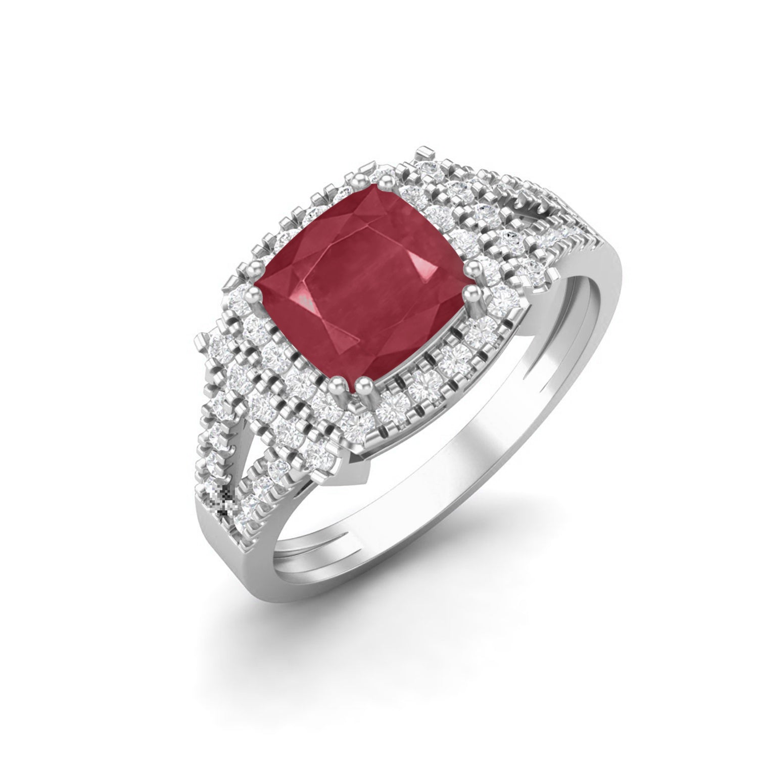 Ruby 1.30 Ct Cushion Double Halo Split Shank Ring – 14k Yellow Gold