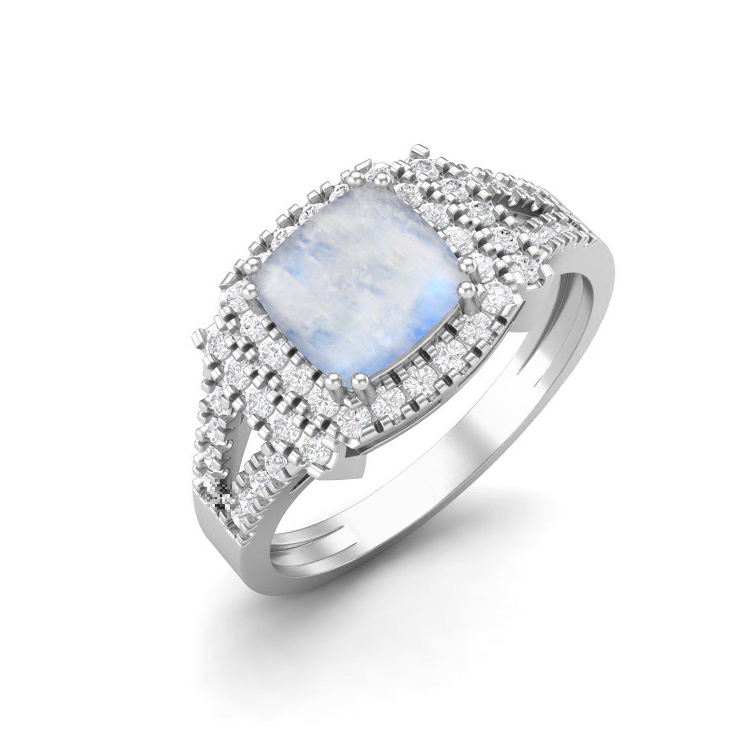 Moonstone Double Halo CZ Split Band Ring - Sterling Silver