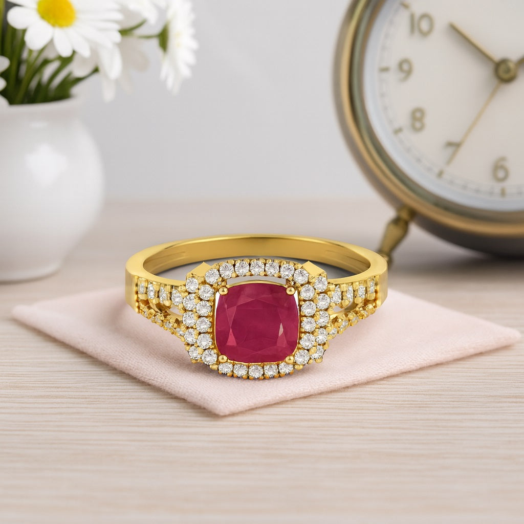 Ruby 1.30 Ct Cushion Double Halo Split Shank Ring – 14k Yellow Gold