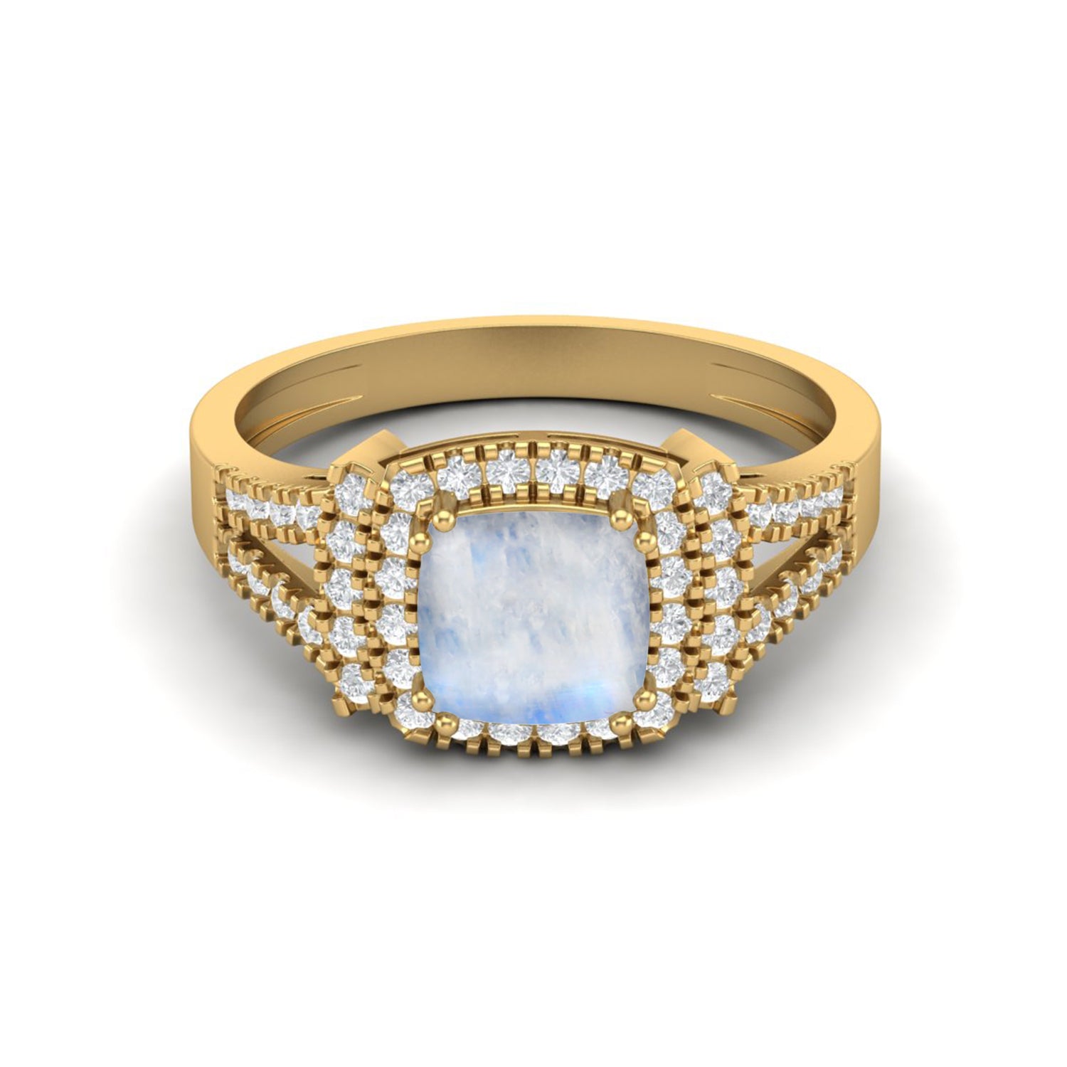 Moonstone Double Halo CZ Split Band Ring - Sterling Silver