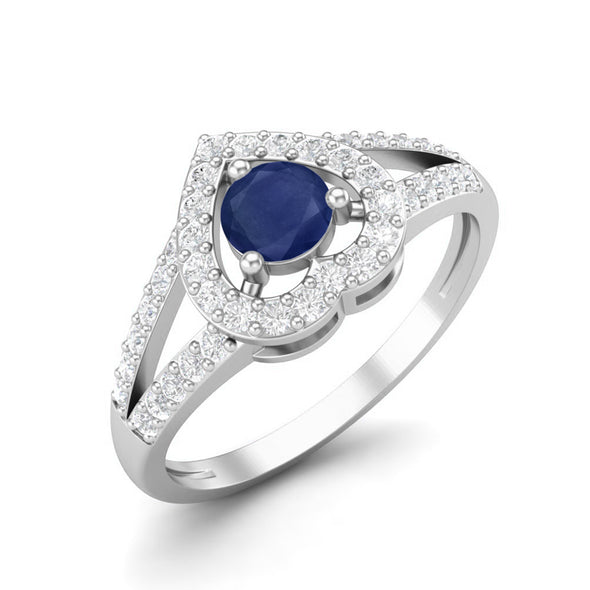 Round Blue Sapphire Heart Shape 925 Sterling Silver Solitaire Wedding Rings, Love Gift Ring