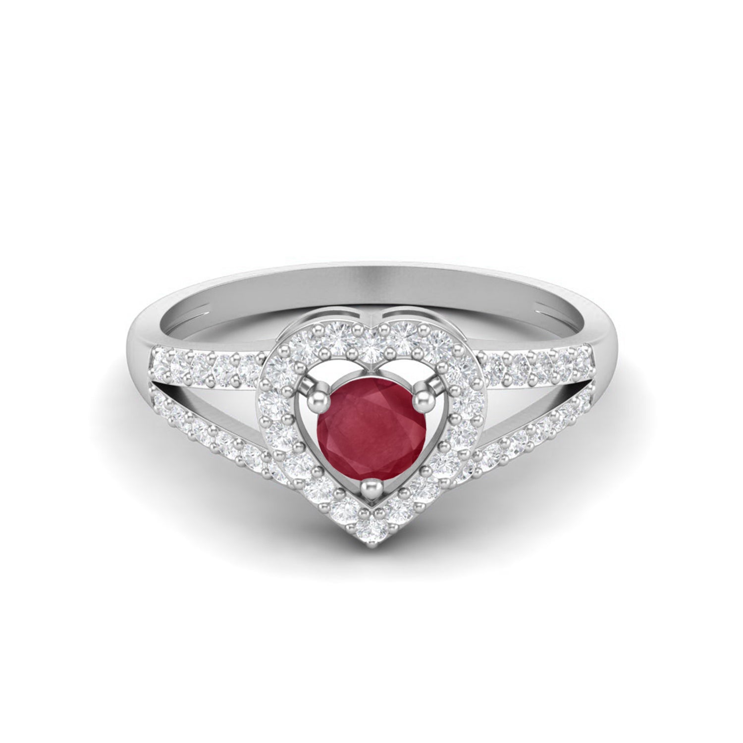 Ruby 0.25 Ct Round Heart Halo Split Shank Ring - 14k Yellow Gold